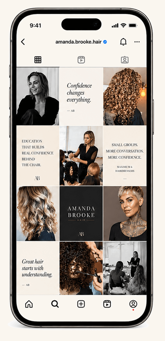 Amanda Brooke Hair on Instagram — a phone showing the amanda.brooke.hair profile grid